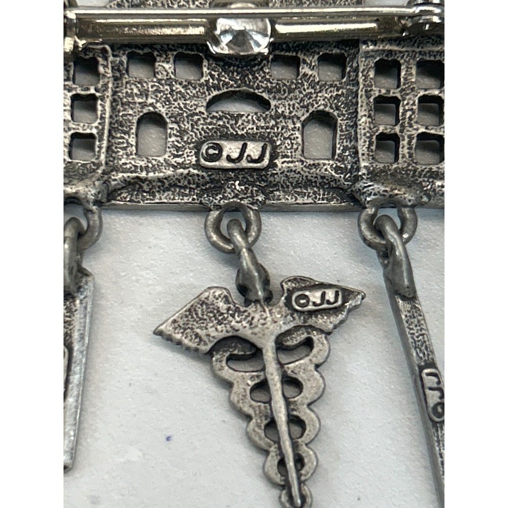 Vtg JJ Hospital Pin Silver Tone Medical Hanging Charms Nurse Doctor‎ Brooch - Picture 3 of 4